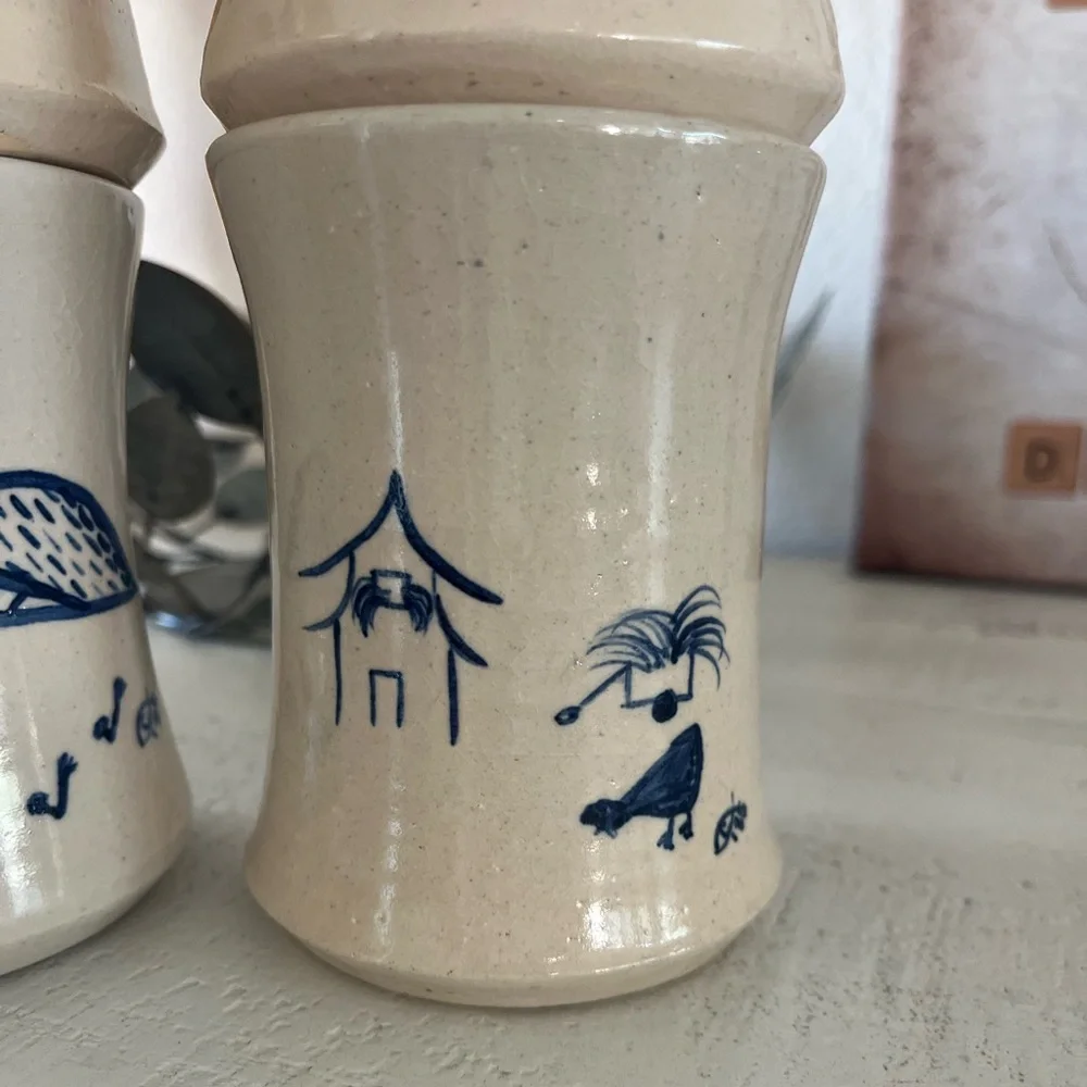 Rare Set of 4 Handmade Pottery Cups Mugs Solid Heavy Blue Folk Art Ichthys Symbo